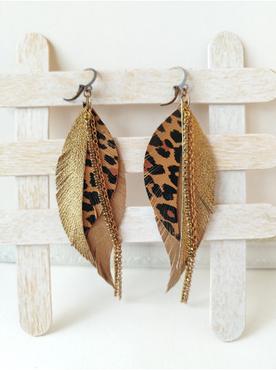 Leopard print brown gold with chain leather feather earrings.