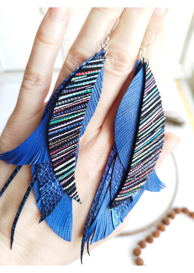 long leather feather earrings genuine leather jewelry metallic blue