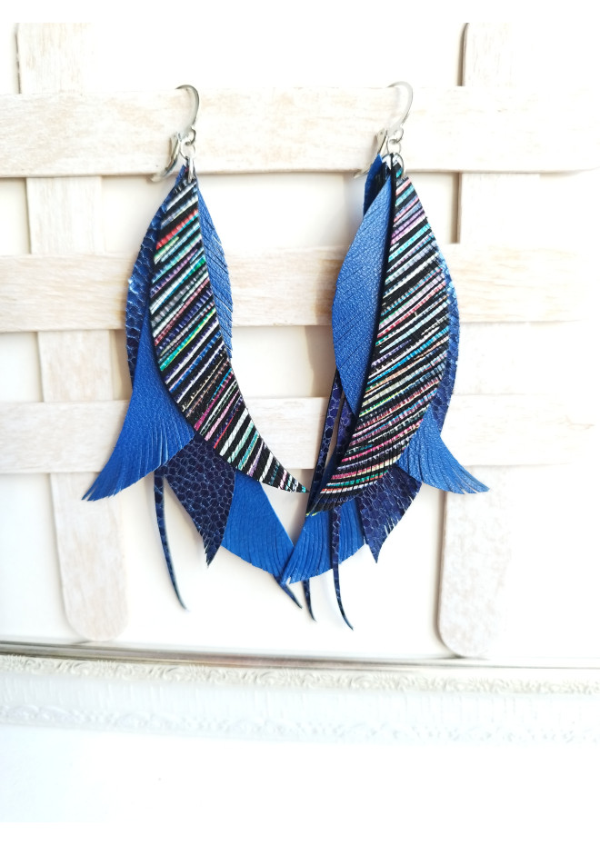 long leather feather earrings genuine leather jewelry metallic blue