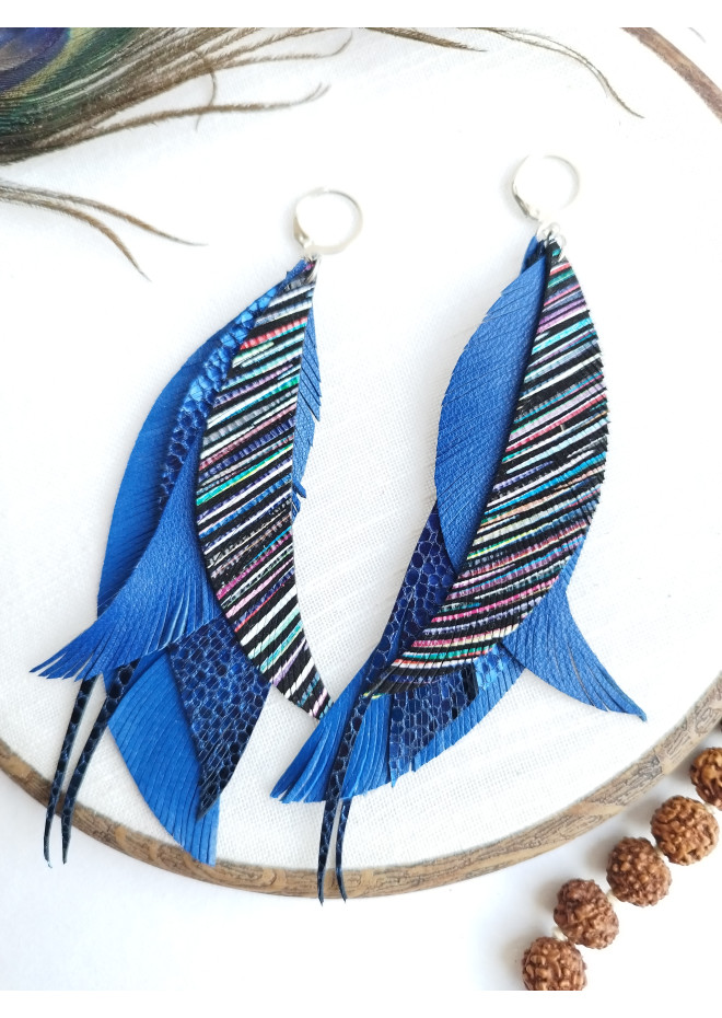 long leather feather earrings genuine leather jewelry metallic blue