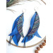 long leather feather earrings genuine leather jewelry metallic blue