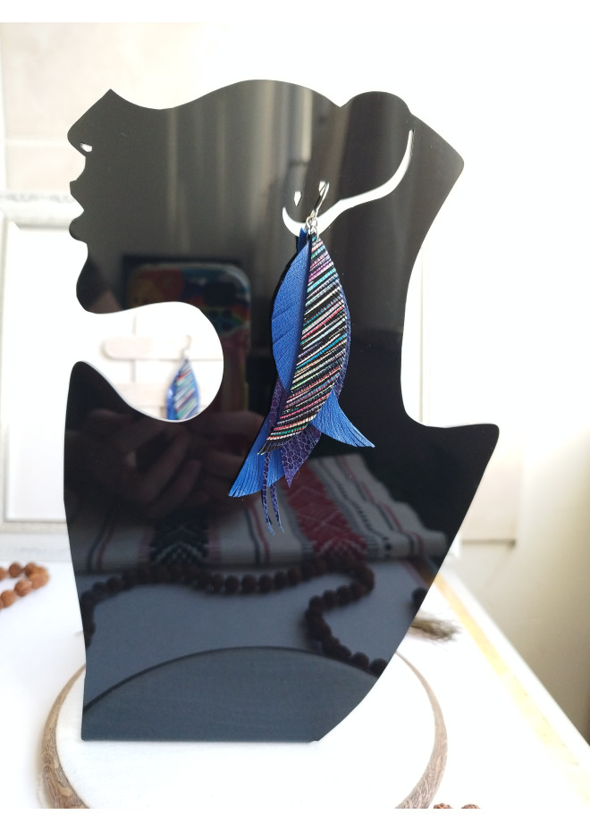 long leather feather earrings genuine leather jewelry metallic blue