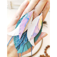 Emerald white leather feather earrings.  