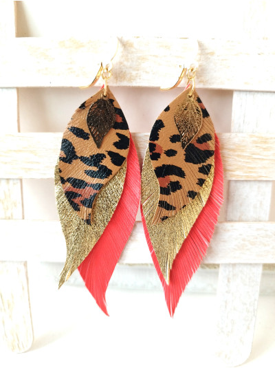  Coral leopard gold leather feather earrings,  handmade genuine leather jewelry.