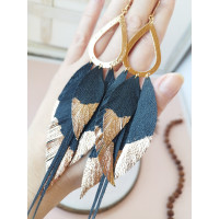 Black gold extra long leather feather earrings.