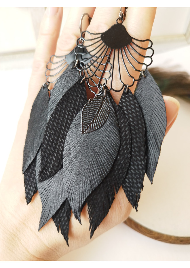 long leather feather earrings, mint genuine leather jewelry 