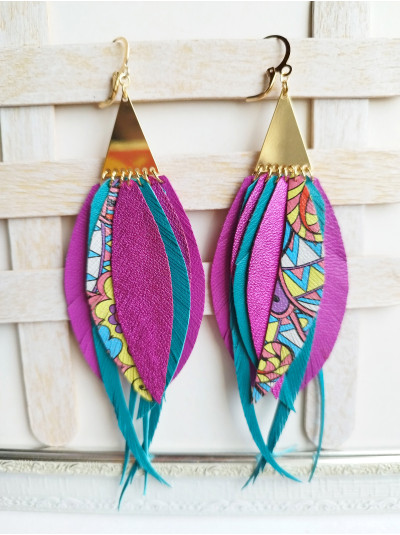 hot pink emerald long leather feather earrings.