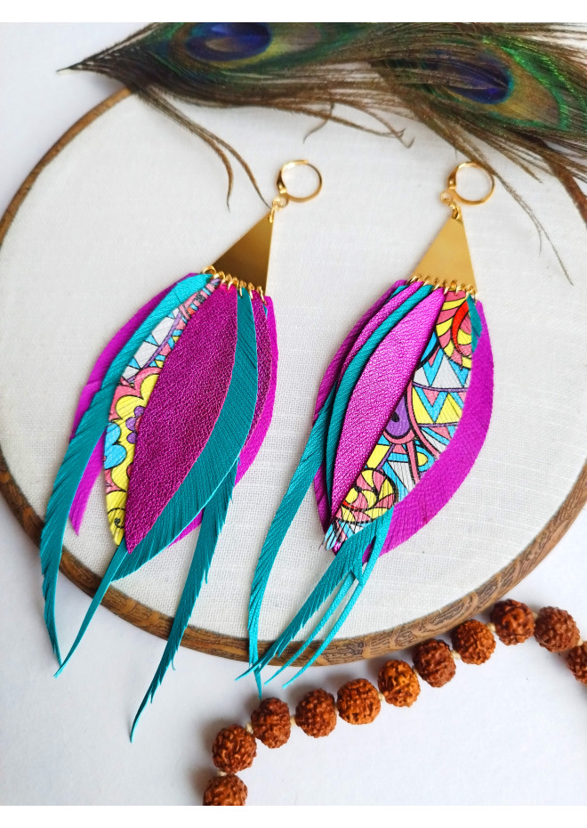 long leather feather earrings, brihgt genuine leather jewelry 