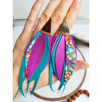 hot pink emerald long leather feather earrings.
