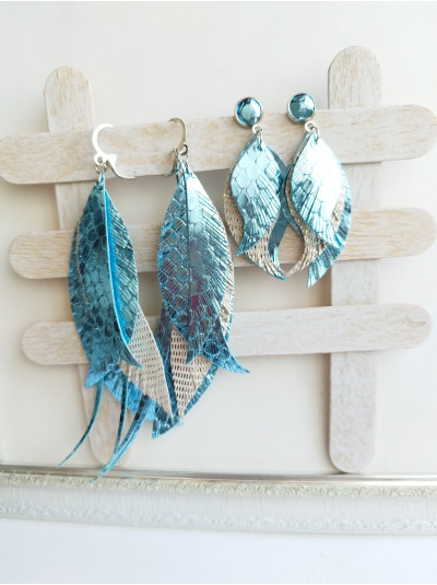 mother daughter earring set of 2 metallic light blue leather feather earrings