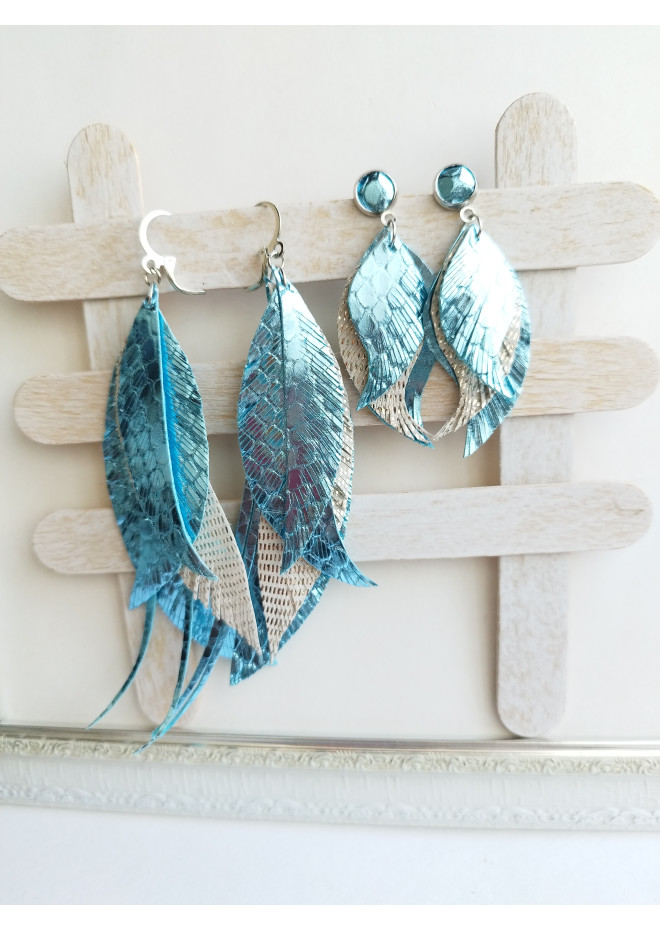 set of 2 long leather feather earrings, brihgt genuine leather jewelry 
