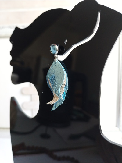 mother daughter earring set of 2 metallic light blue leather feather earrings