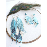 mother daughter earring set of 2 metallic light blue leather feather earrings