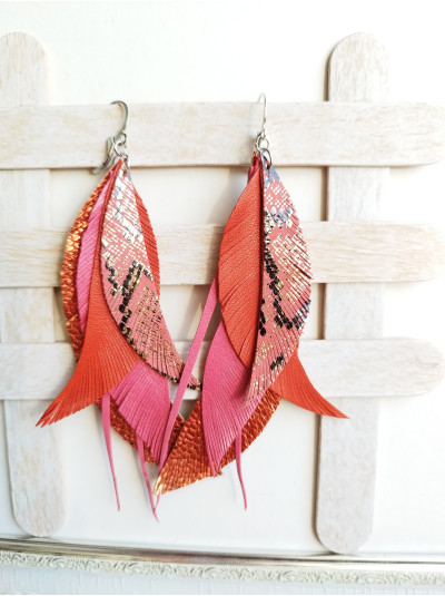 orange coral long feathers earrings genuine leather jewelry 