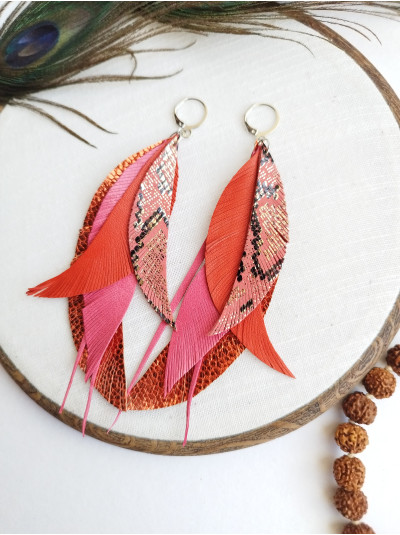 orange coral long feathers earrings genuine leather jewelry 