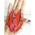 warm orange long feathers earrings genuine leather jewelry  