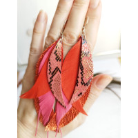 orange coral long feathers earrings genuine leather jewelry 