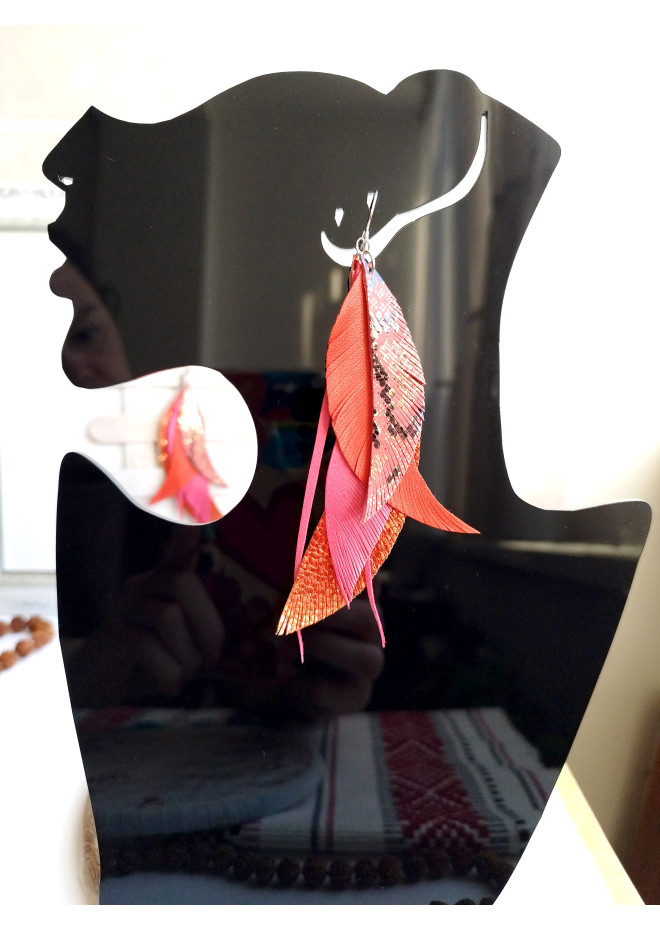 warm orange long feathers earrings genuine leather jewelry  