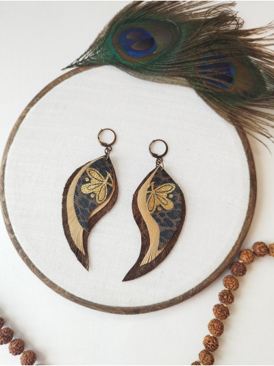 brown gold leather wings earrings.