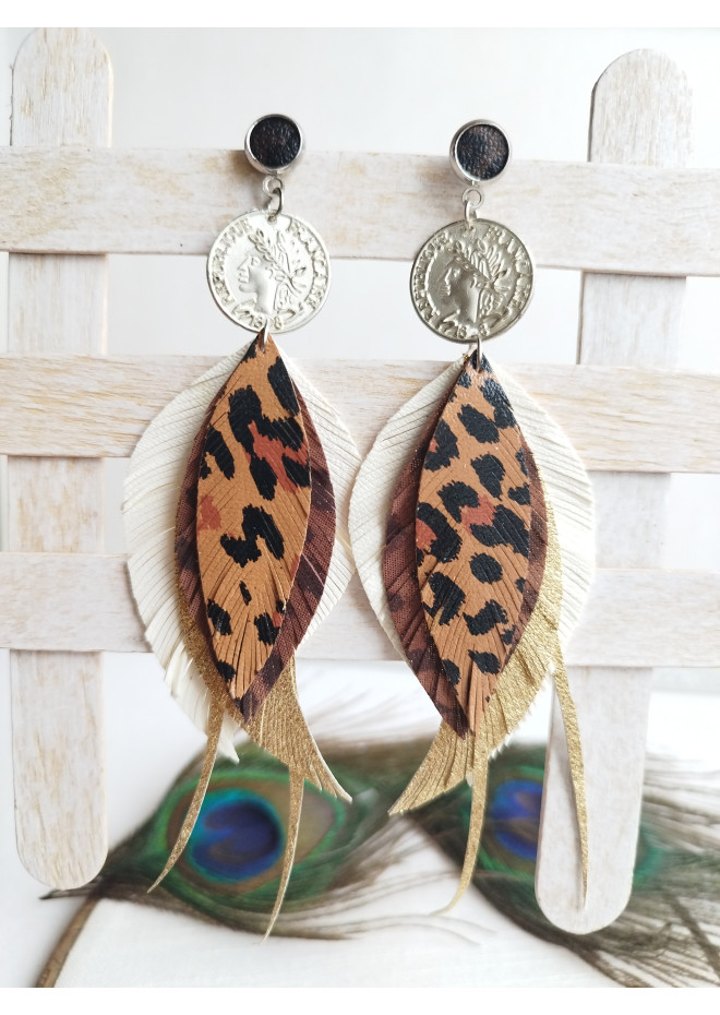 white brown leather feather earrings brass flower connector , genuine leather jewelry 