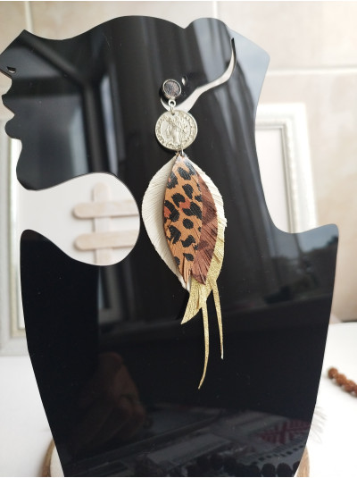 White brown long leather feather earrings 