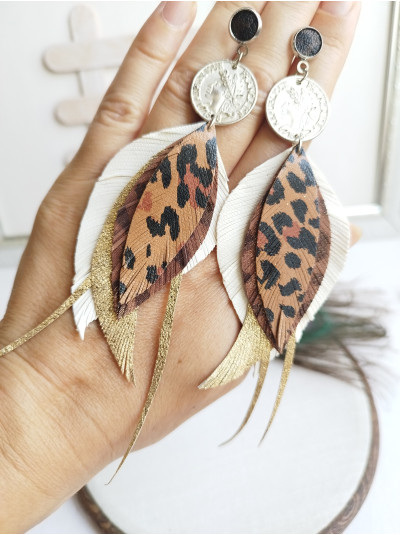 White brown long leather feather earrings 