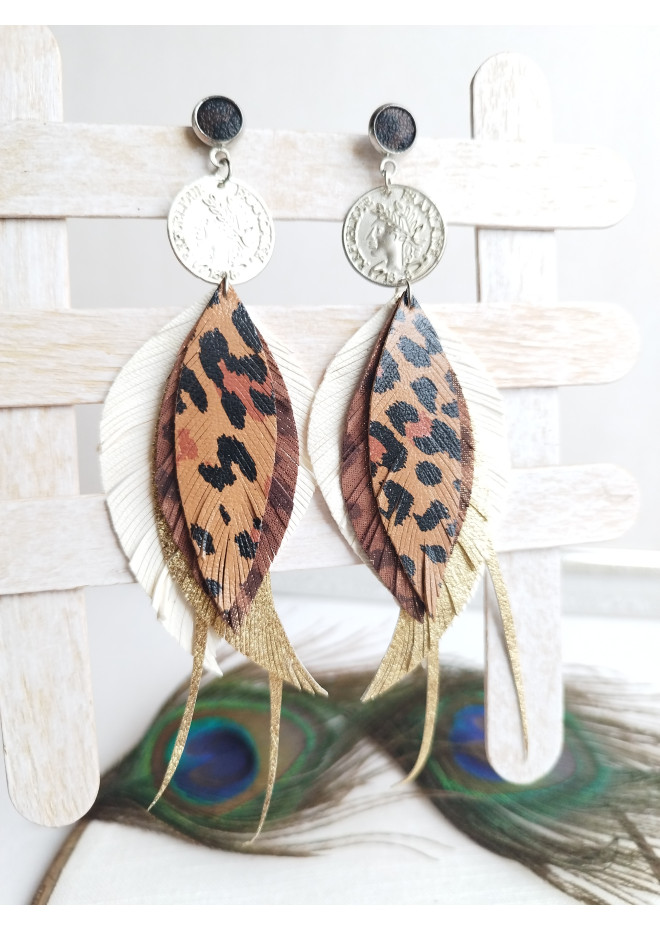 white brown leather feather earrings brass flower connector , genuine leather jewelry 