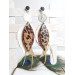 white brown leather feather earrings brass flower connector , genuine leather jewelry 