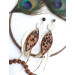 white brown leather feather earrings brass flower connector , genuine leather jewelry 