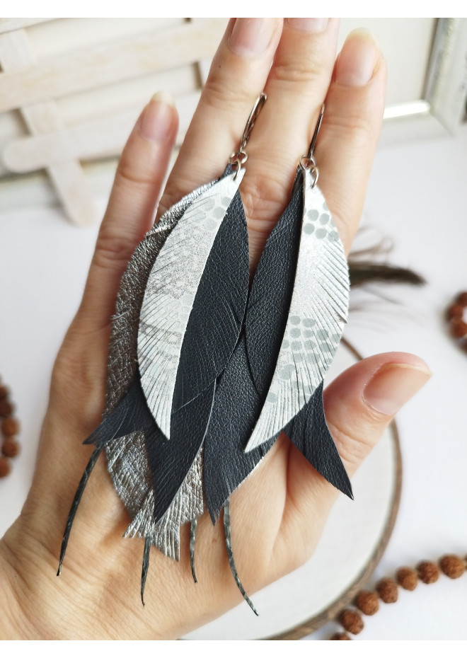 long leather feather earrings genuine leather jewelry metallic gray