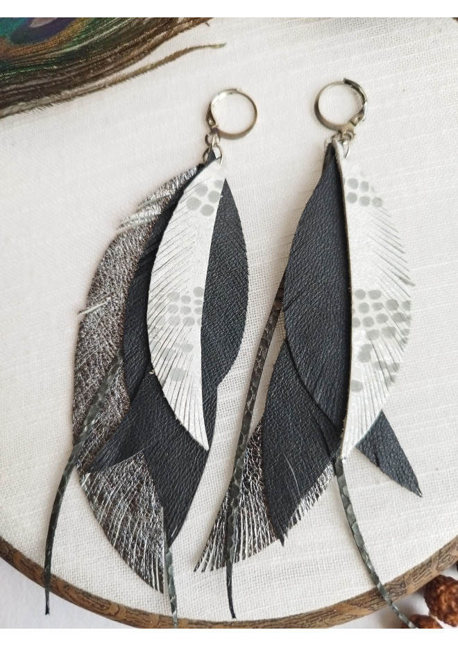 long leather feather earrings genuine leather jewelry metallic gray