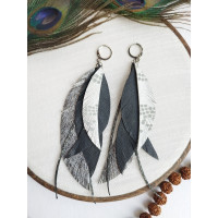 Dark gray leather feather earrings.  
