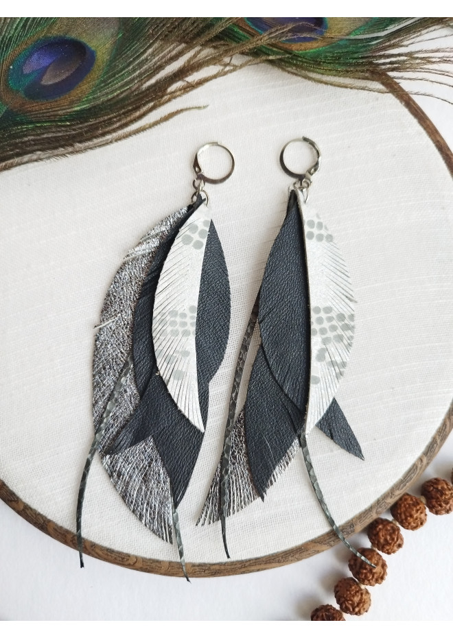 long leather feather earrings genuine leather jewelry metallic gray