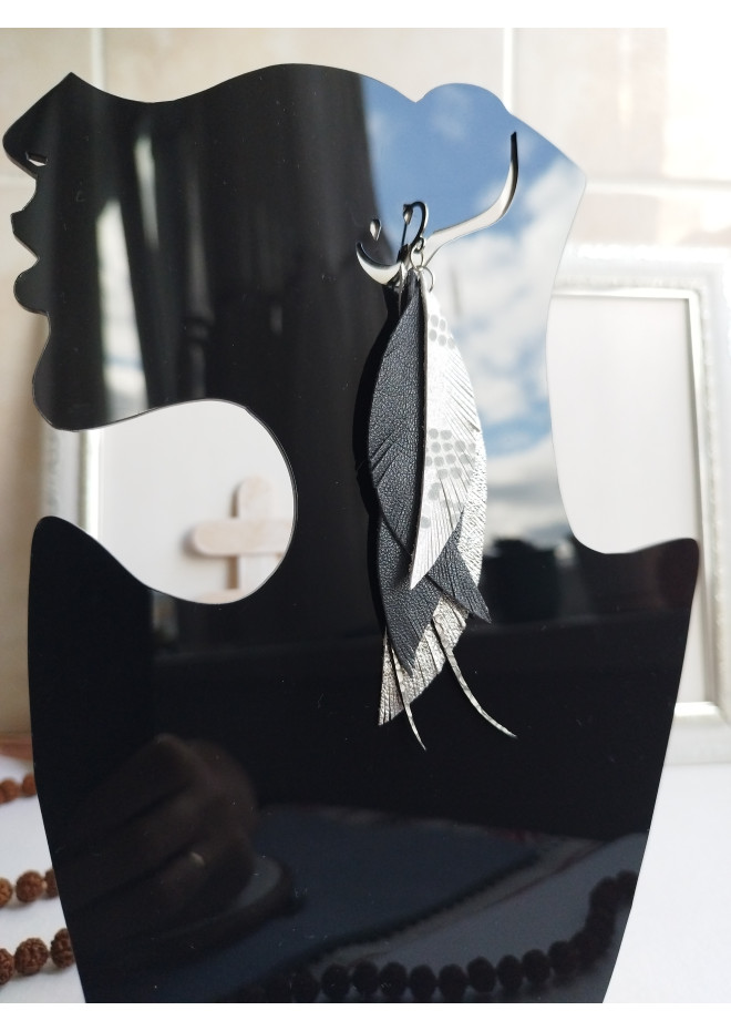 long leather feather earrings genuine leather jewelry metallic gray