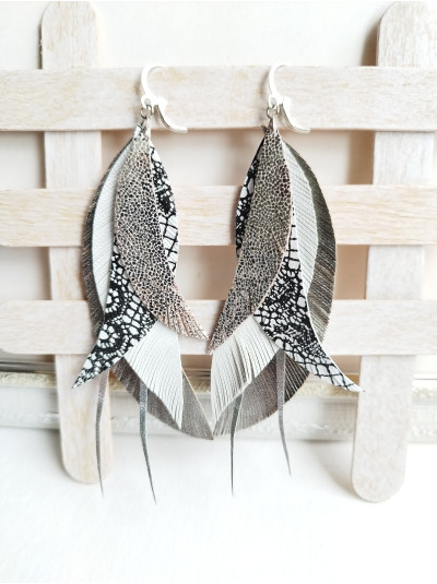 Metallic dark gray leather feather earrings.  
