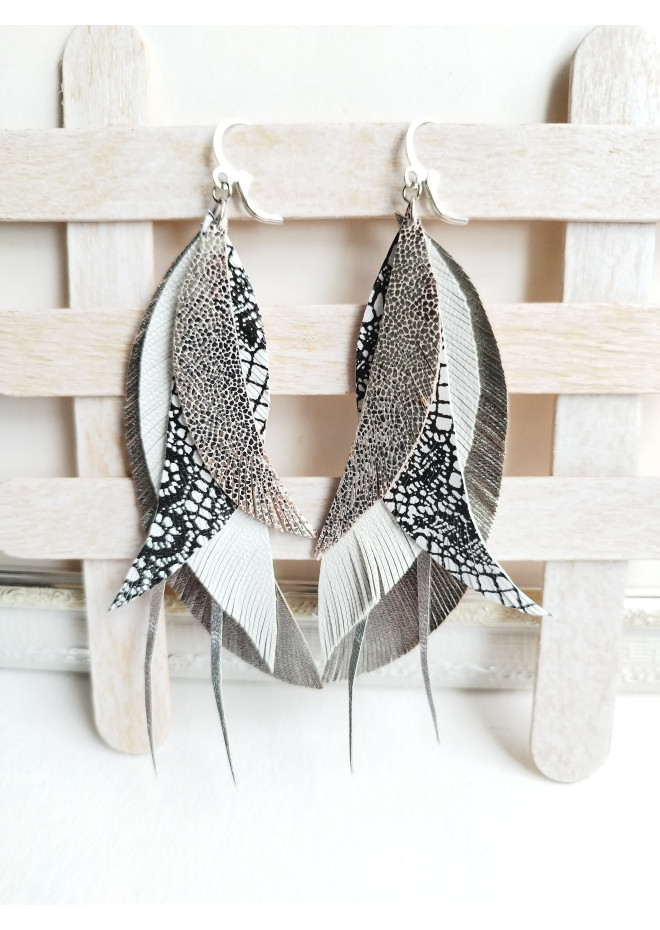 long leather feather earrings genuine leather jewelry metallic gray