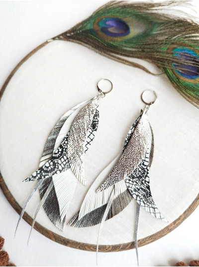 Metallic dark gray leather feather earrings.  