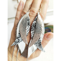 Metallic dark gray leather feather earrings.  