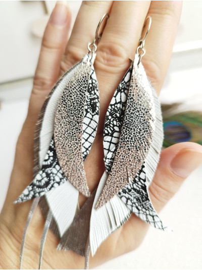 Metallic dark gray leather feather earrings.  