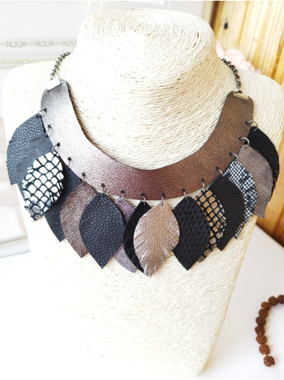 Leather feather necklace, gray black bib evening jewelry