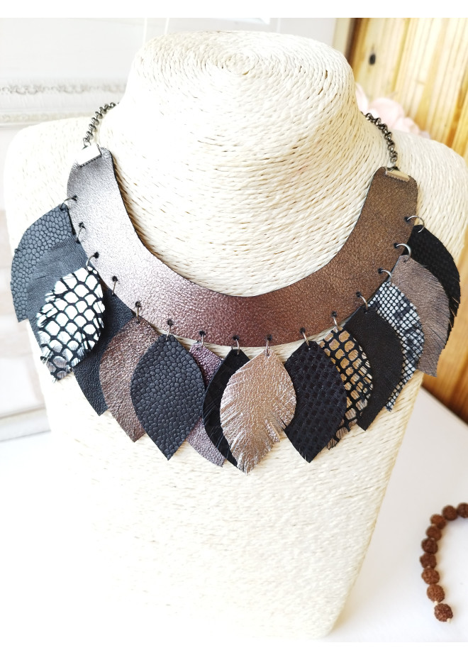  black gray silver bib leather feather collar 