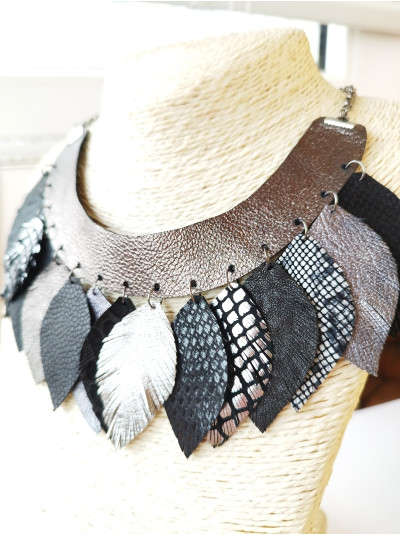 Leather feather necklace, gray black bib evening jewelry