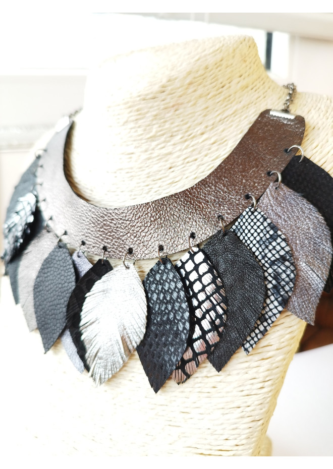  black gray silver bib leather feather collar 