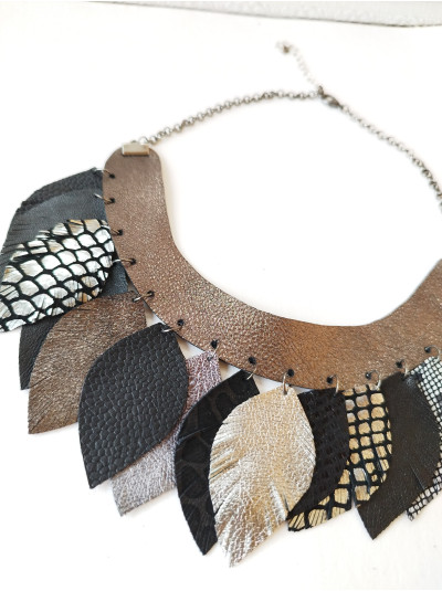 Leather feather necklace, gray black bib evening jewelry