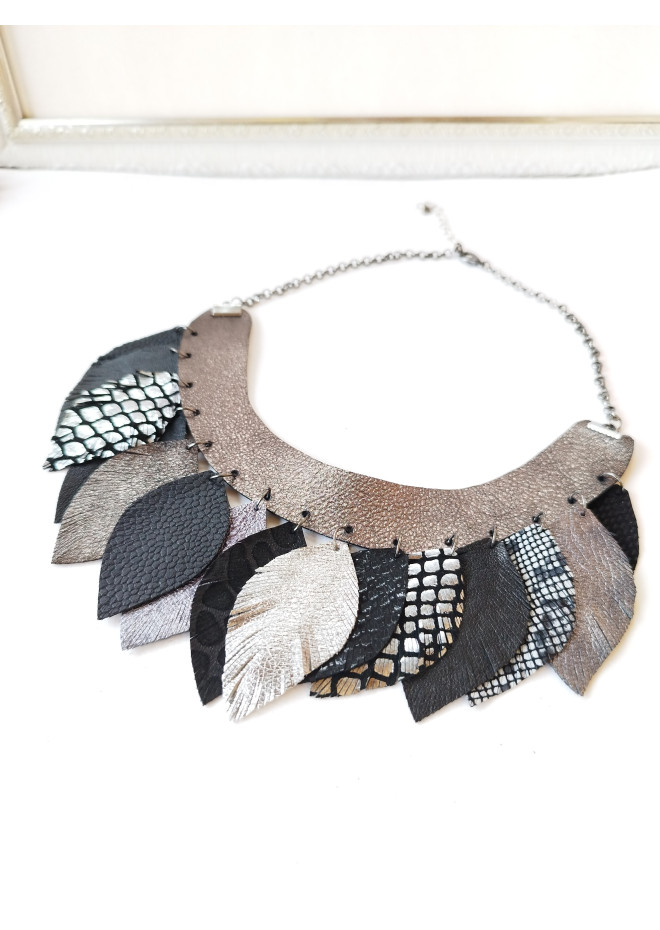  black gray silver bib leather feather collar 
