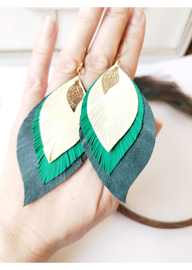 leather feather earrings yellow green , genuine leather jewelry 