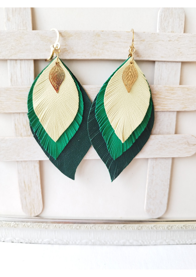 leather feather earrings yellow green , genuine leather jewelry 