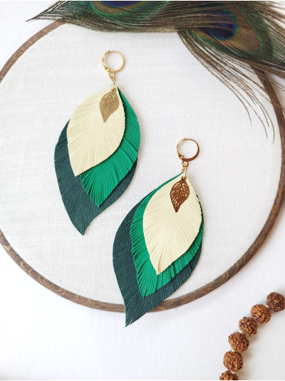 green yellow leather feather earrings.