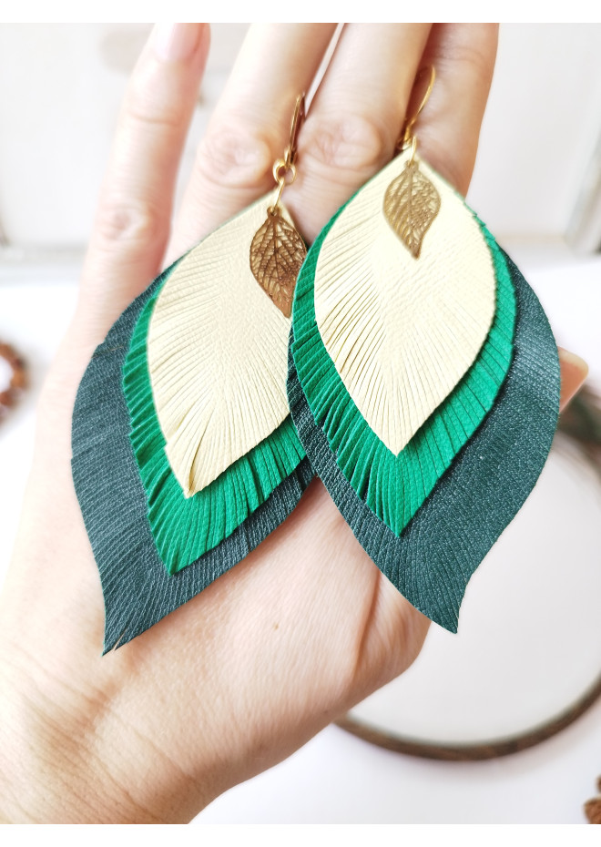 leather feather earrings yellow green , genuine leather jewelry 