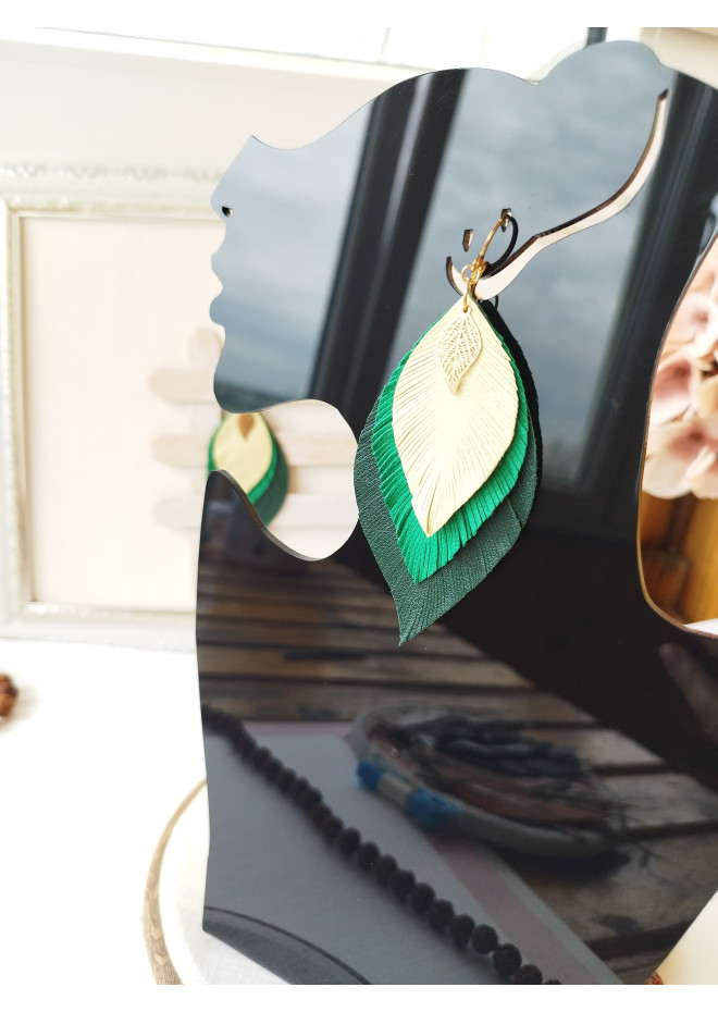 leather feather earrings yellow green , genuine leather jewelry 